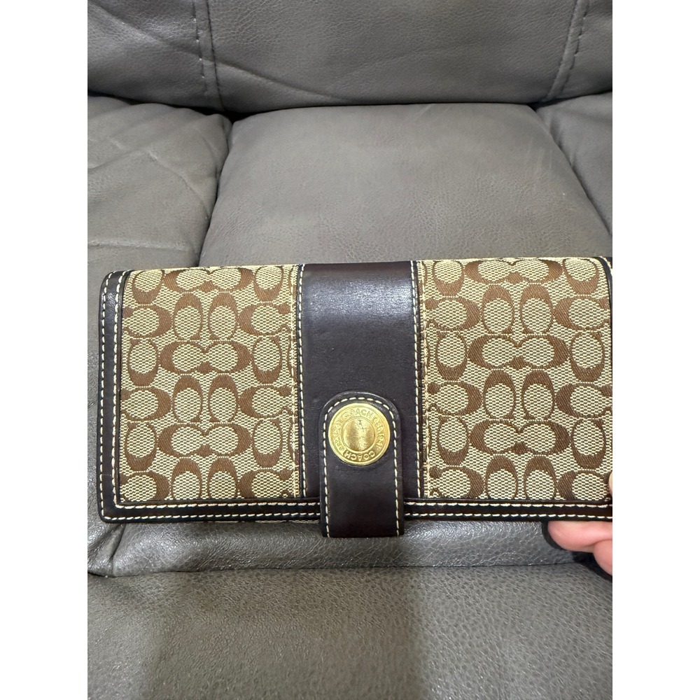 Coach Signature C Monogram Long Wallet Brown Leather Trim Gold Logo Medallion